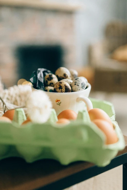 a tray of eggs sitting on top of a table, a still life, unsplash, fully decorated, cottagecore, pot, on