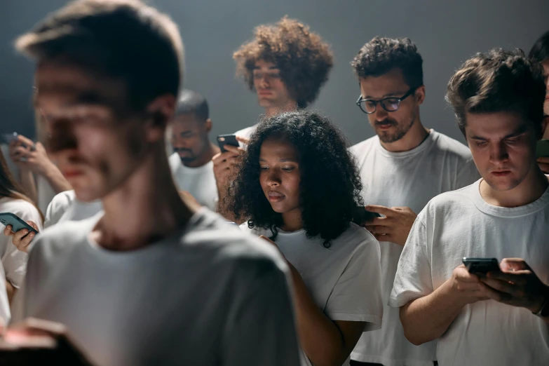 a group of people looking at their cell phones, antipodeans, ignant, portrait 8 k, true realistic image, hair