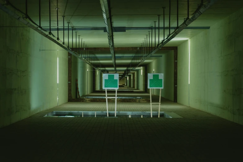 a long hallway with a pool in the middle of it, inspired by Mike Winkelmann, unsplash contest winner, conceptual art, green neon signs, sewer pipe entrance, ignant, hyperrealistic n- 4