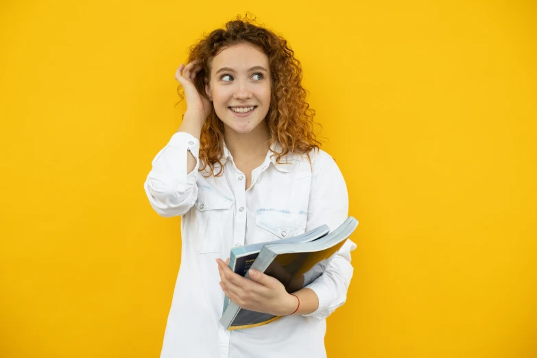 a woman in a white shirt holding a folder, trending on pexels, academic art, wavy hair yellow theme, avatar image, looking upwards, fun pose