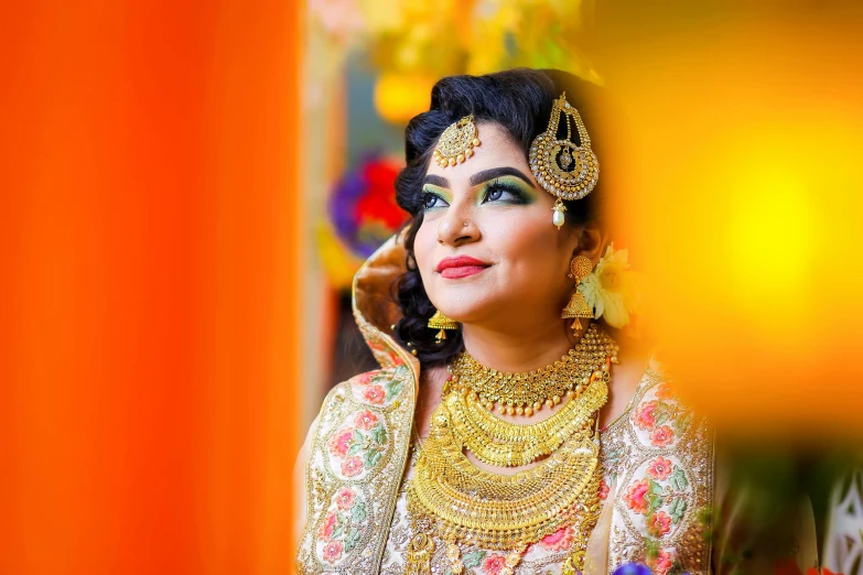 a beautiful indian bride posing for the camera, a portrait, pexels, art photography, yellow, thumbnail, candid shot, portrait shot 8 k