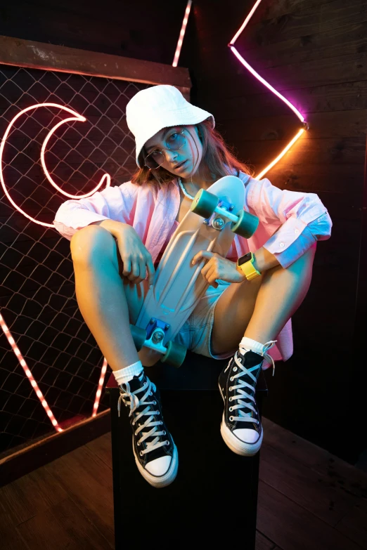 a woman sitting on a stool holding a teddy bear, an album cover, by Cafer Bater, graffiti, neon visor, neon!! light, ulzzang, skateboard