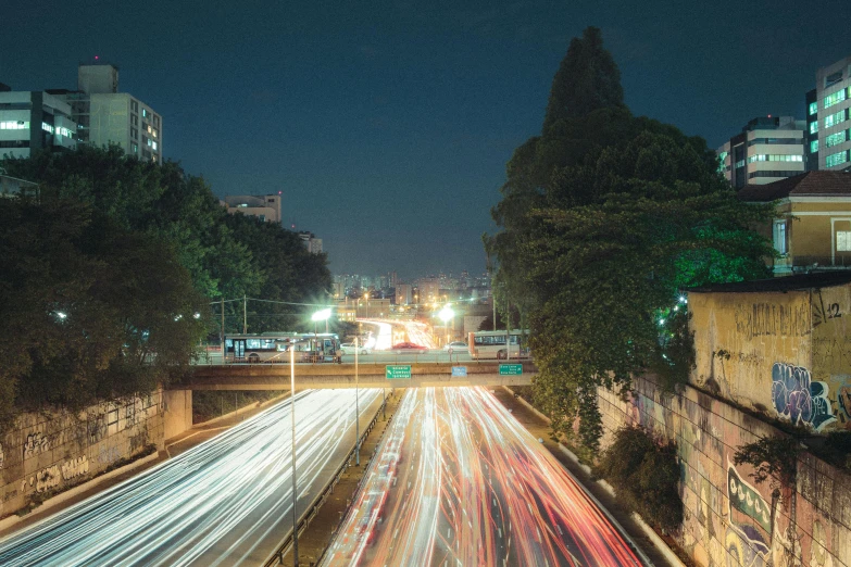 a city street filled with lots of traffic at night, by Alejandro Obregón, unsplash contest winner, photorealism, jerusalem, overpass, sao paulo, city lights made of lush trees