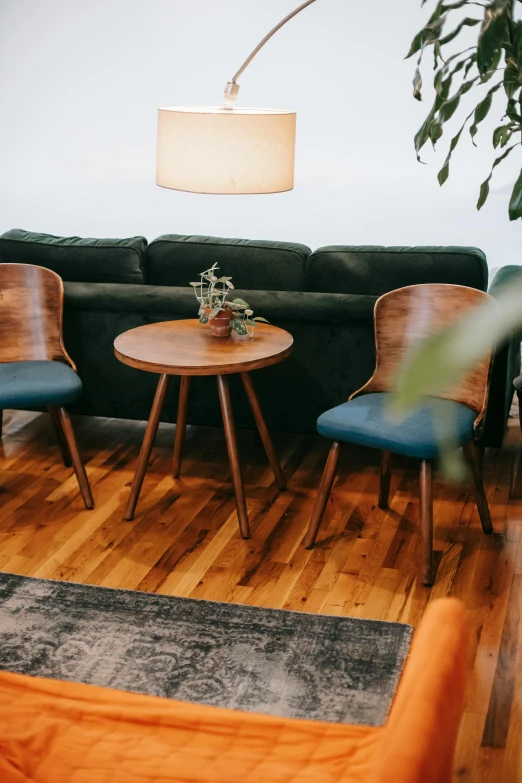 a living room filled with furniture and a lamp, inspired by Constantin Hansen, trending on unsplash, cafe tables, comfy chairs, wooden coffee table, dark teal couch