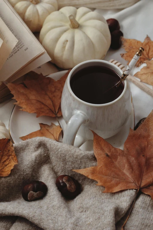 a cup of coffee sitting next to a pile of autumn leaves, a still life, by Alison Geissler, trending on pexels, brown and white color scheme, thumbnail, halloween, cozy setting