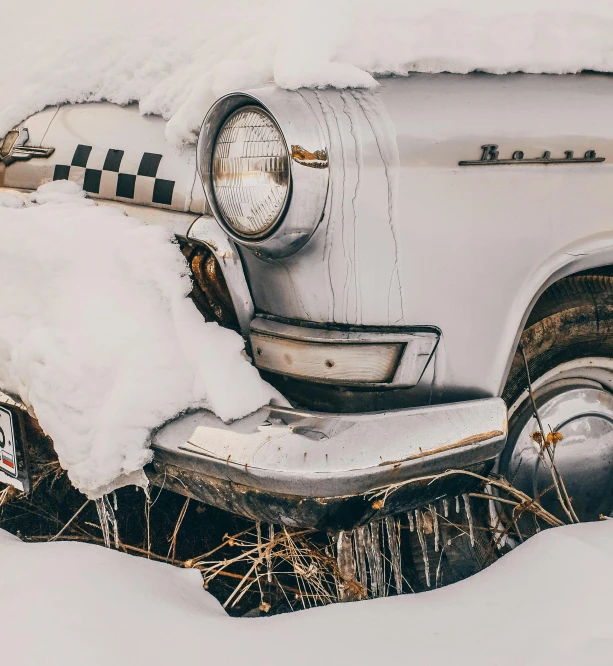 an old car covered in snow in a field, pexels contest winner, white mechanical details, 1962 soviet, unsplash 4k, full view of a car