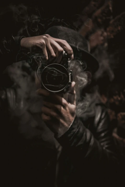 a person taking a picture with a camera, by Daniel Seghers, pexels contest winner, art photography, smoking and holding a gun, retro dark vintage, discord profile picture, low detailed