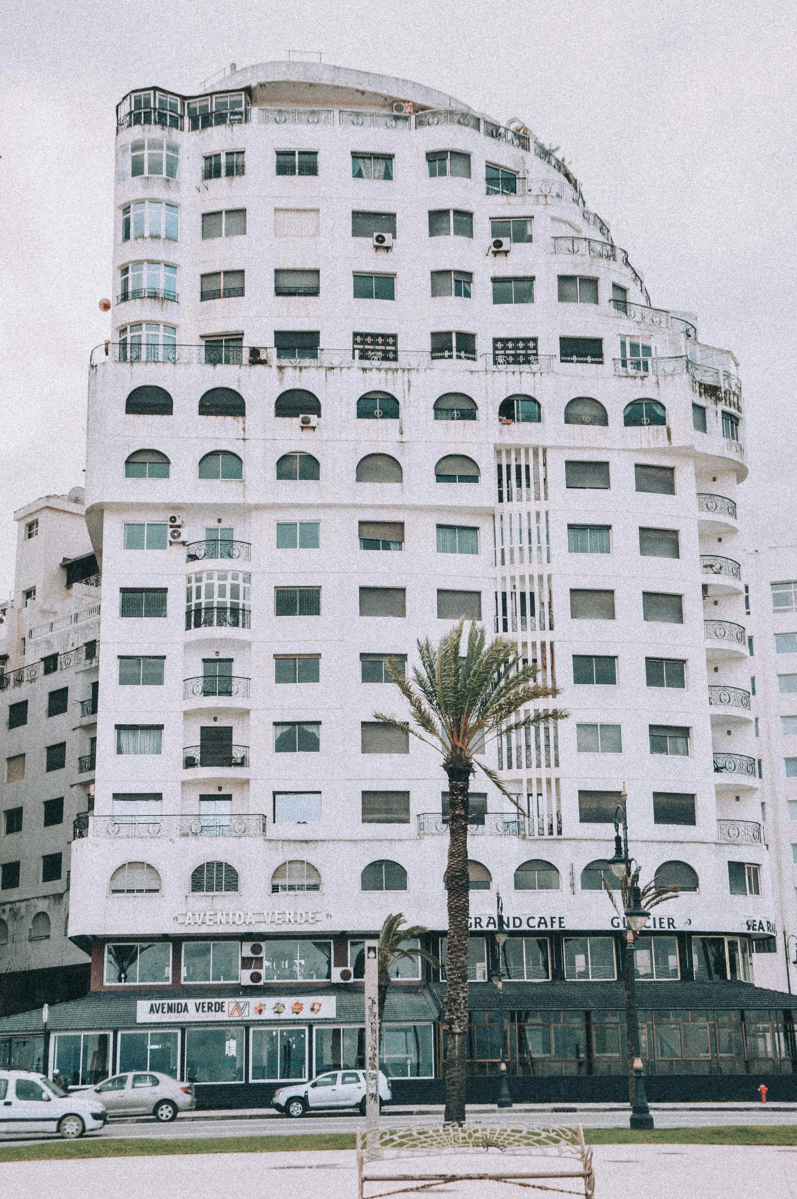 a white building with a palm tree in front of it, inspired by Ricardo Bofill, unsplash, art nouveau, collapsed buildings, many floors, photo 1 9 9 0 s, white with black spots