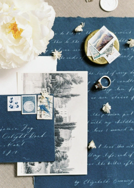 a couple of cards sitting on top of a table, inspired by Jeanne du Maurier, trending on unsplash, private press, midnight blue, detail shot, wedding, tons of details