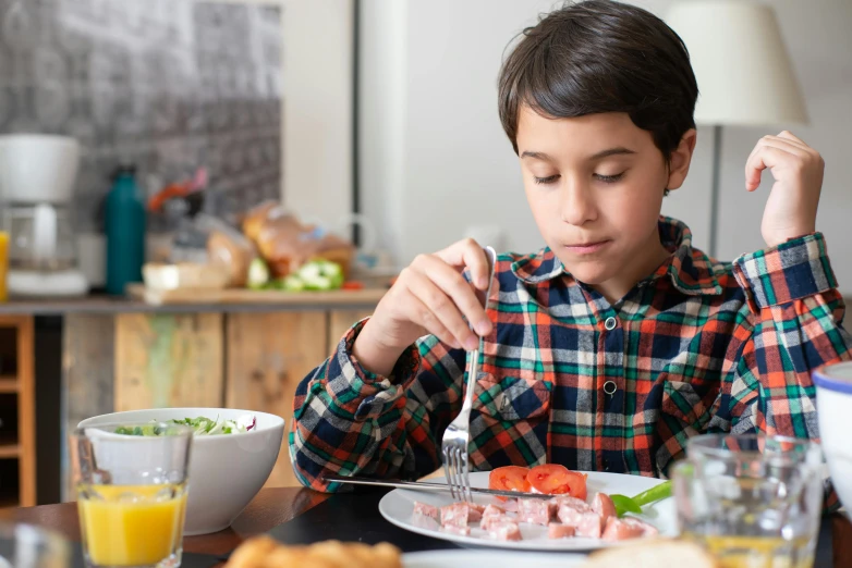 a young boy sitting at a table with a plate of food, profile image, extra crisp image, holding a kitchen knife, gen z