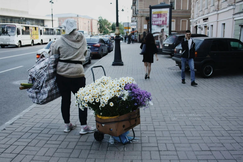 a woman pushing a wheelbarrow with flowers in it, by Attila Meszlenyi, pexels contest winner, street of moscow, people shopping, giant white daisy flower on head, nobody living there