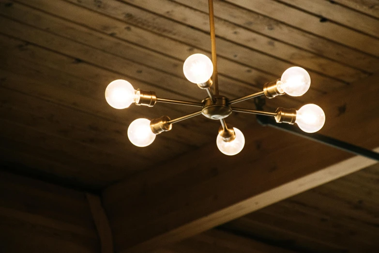 a bunch of light bulbs hanging from a ceiling, by Jesper Knudsen, pexels contest winner, wood and gold details, directional light, brass plated, clubs