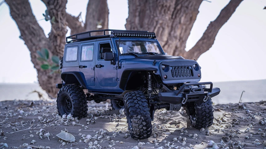 a blue jeep parked in front of a tree, by Jason Felix, unsplash, first 4 figures, height detailed hd realistic 8 k, tall thin build, full body extreme closeup