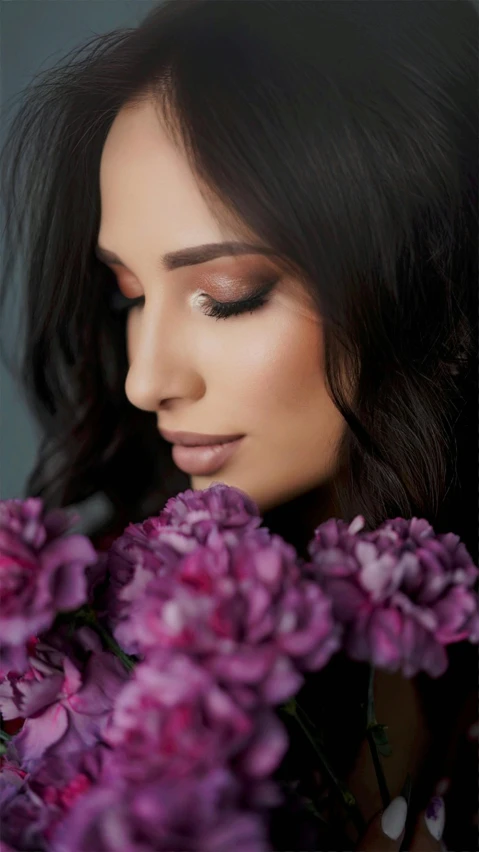 a woman holding a bunch of purple flowers, a digital rendering, trending on pexels, dark eyeshadow, beautiful iranian woman, brunette, instagram picture