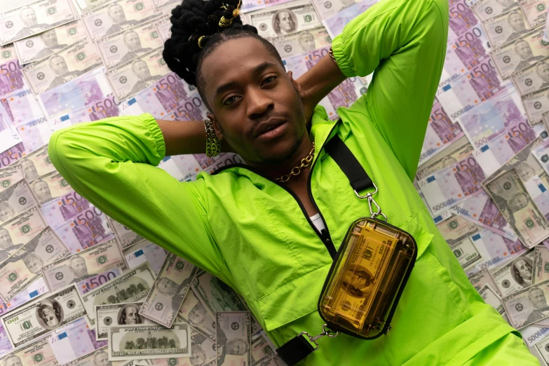 a woman laying on top of a pile of money, an album cover, trending on pexels, a man wearing a backpack, lime and gold hue, playboi carti portrait, holding a leather purse