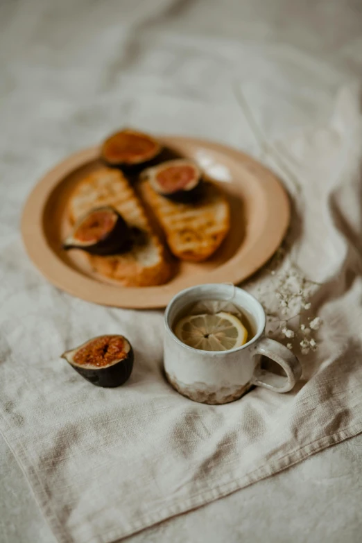 a plate of figs next to a cup of coffee, a still life, pexels contest winner, toast, linen canvas, soup, ultra textured