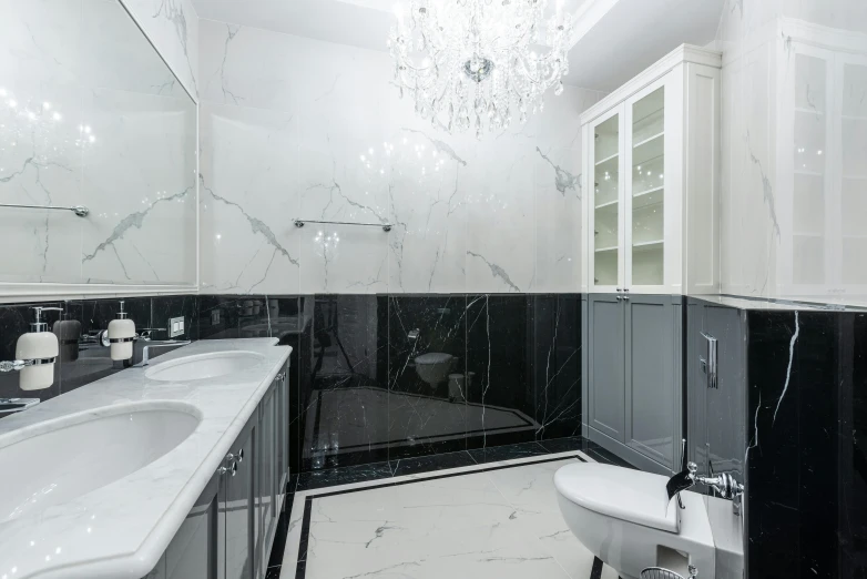 a black and white bathroom with a chandelier, by Emma Andijewska, ashford black marble, design only, dual tone, panels