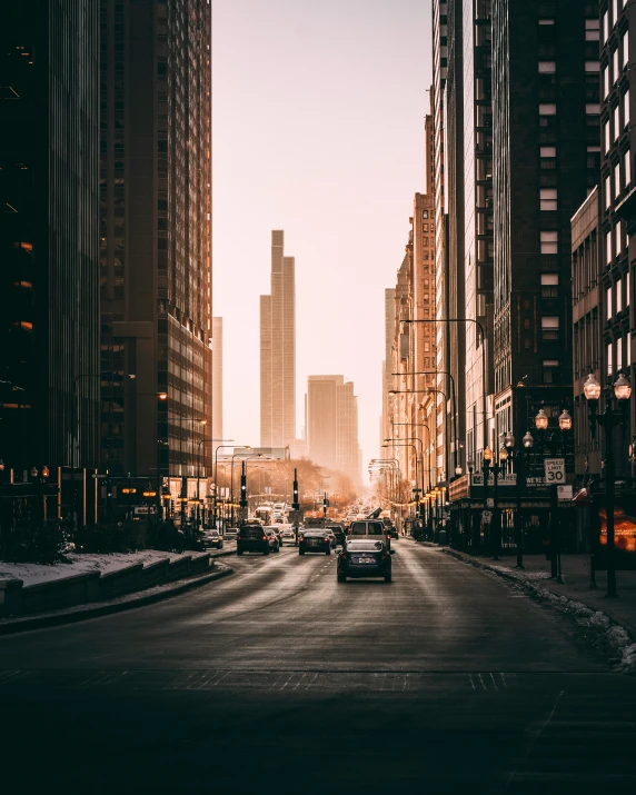 a city street filled with lots of tall buildings, pexels contest winner, lgbtq, early morning lighting, chicago, high quality image”