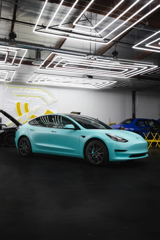 a blue tesla model 3 parked in a garage, a hologram, by Zack Stella, unsplash contest winner, renaissance, black cyan gold and aqua colors, matte white paint, seafoam green, infused with lightning