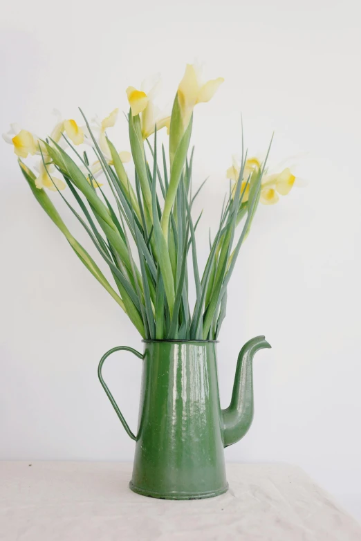 a vase filled with yellow flowers on top of a table, inspired by Carpoforo Tencalla, trending on unsplash, watering can, jade green, high resolution product photo, set against a white background