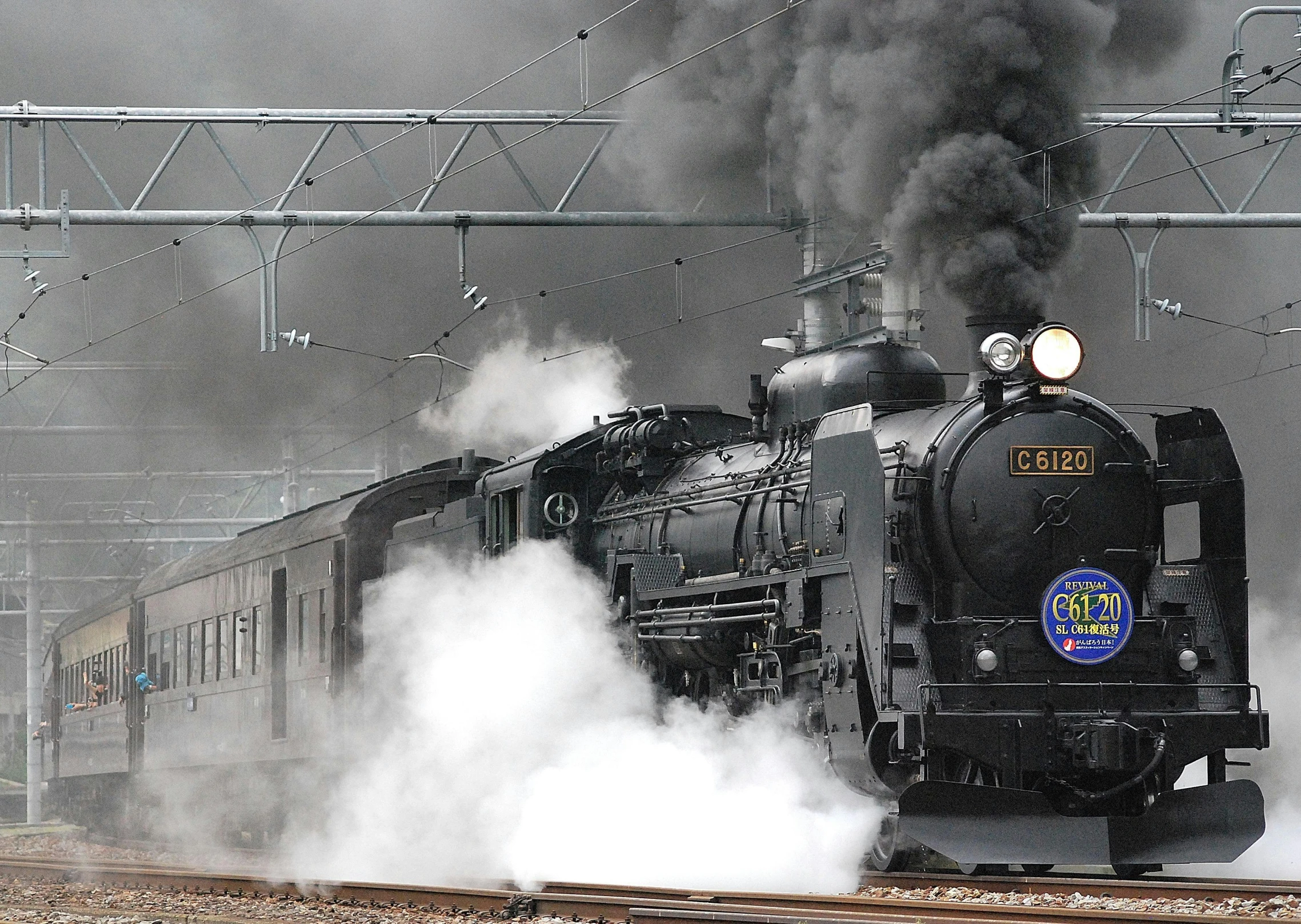 a steam engine train traveling down train tracks, a portrait, inspired by Tsuchida Bakusen, pixabay contest winner, thick black smoke billowing, 🚿🗝📝