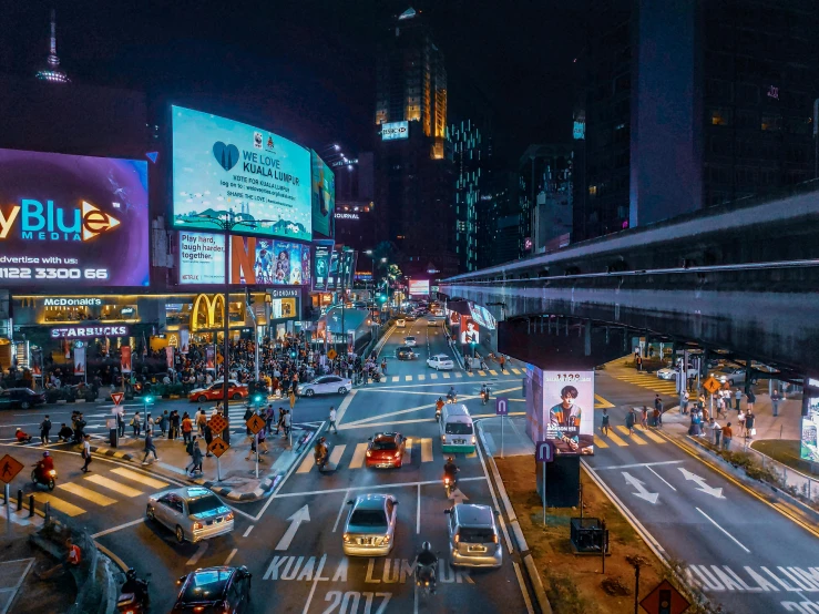 a busy city street filled with lots of traffic, pexels contest winner, hyperrealism, neon electronic signs, square, billboard image, kuala lumpur