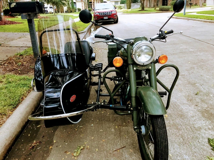 a motorcycle with a side car parked on the side of the road, lush green, 🕹️ 😎 🔫 🤖 🚬, mid century, hongbsws