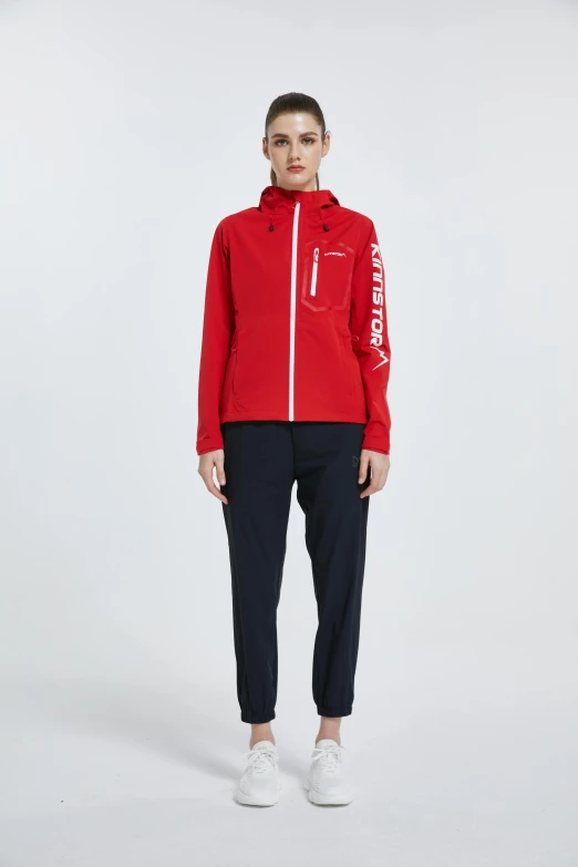 a woman wearing a red jacket and black pants, acronym, hoody woman explorer, wētā fx, white red