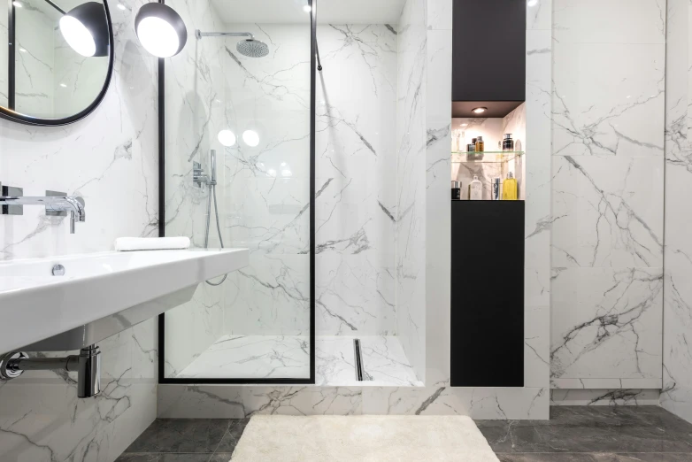 a bath room with a sink a mirror and a shower, inspired by Albert Paris Gütersloh, unsplash, ashford black marble, video, gallery quality, chalk white skin