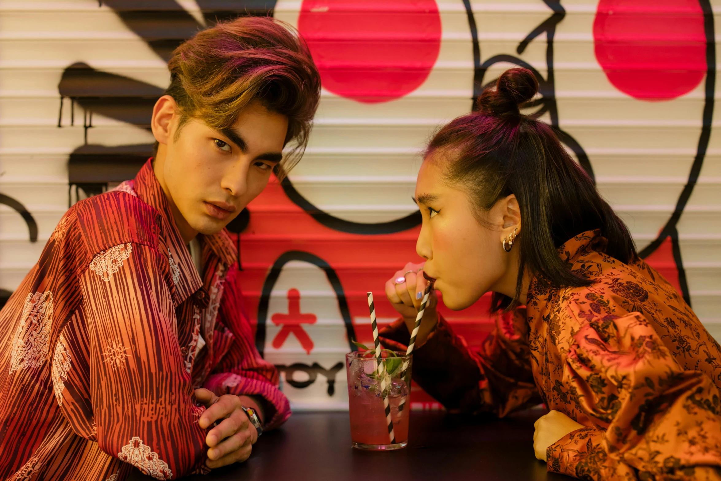 a man and a woman sitting at a table, trending on pexels, toyism, kpop star, looking to his side, ukiyo, asia