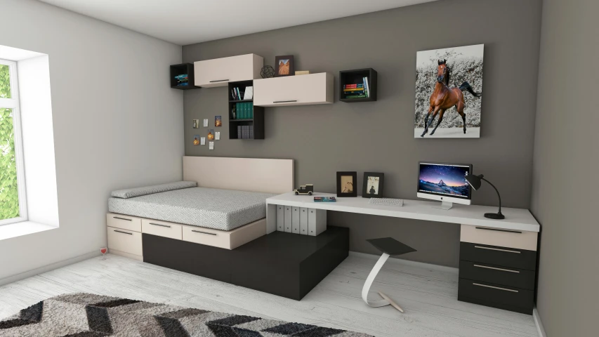 a bedroom with a bed and desk in it, a 3D render, pexels contest winner, teenager hangout spot, high-tech devices, modern earthy neutral earthy, charcoal and silver color scheme