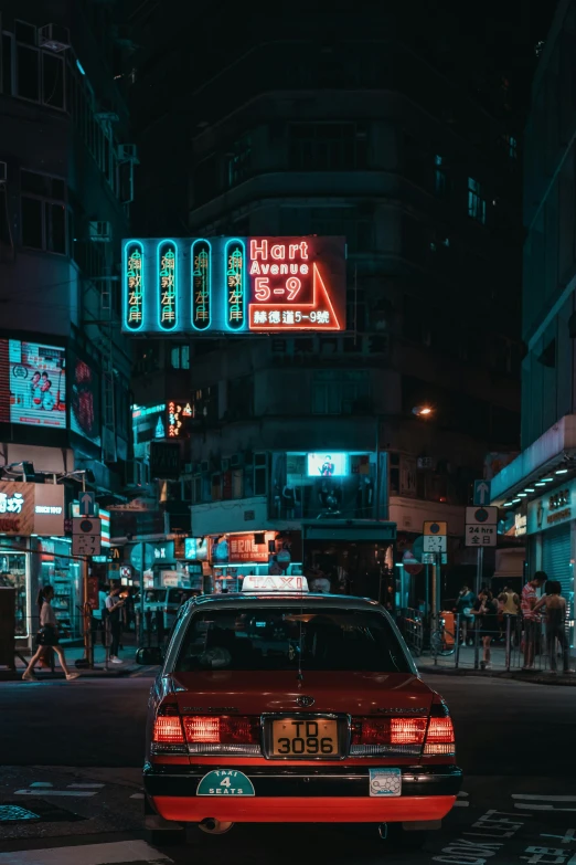 a taxi driving down a city street at night, by Patrick Ching, pexels contest winner, dilapidated neon signs, cinematic. by leng jun, busy streets filled with people, 8 0 s asian neon movie still