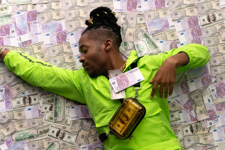 a man laying on top of a pile of money, an album cover, trending on pexels, expensive outfit, aida muluneh, 🐿🍸🍋, 10k