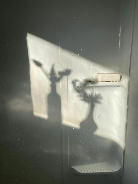 a white toilet sitting in a bathroom next to a window, an abstract sculpture, inspired by Leandro Erlich, unsplash, conceptual art, large tree casting shadow, taken on iphone 14 pro, looking through frosted glass, high angle close up shot