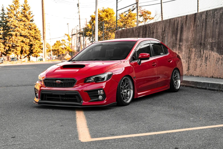 a red subarunt parked in a parking lot, inspired by An Gyeon, low profile, 🚿🗝📝, staggered depth), square