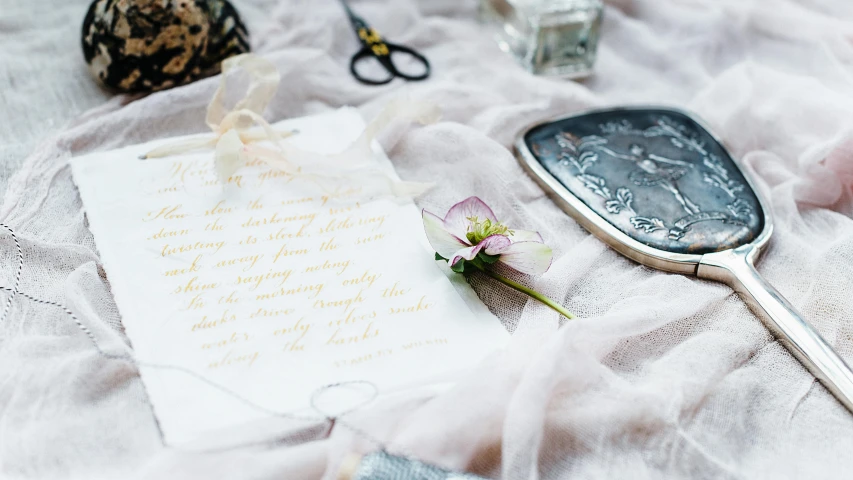 a piece of paper sitting on top of a table, by Zofia Stryjenska, trending on pexels, delicate embellishments, calligraphy, swashbuckling and romantic, behind the scenes photo