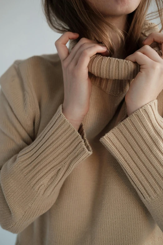 a close up of a person wearing a sweater, detailed product shot, light brown, shin min jeong, large)}]