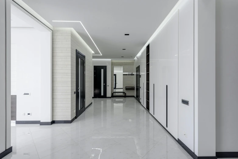 a long hallway with white walls and black doors, a 3D render, unsplash, led light strips, alexey gurylev, modern photo