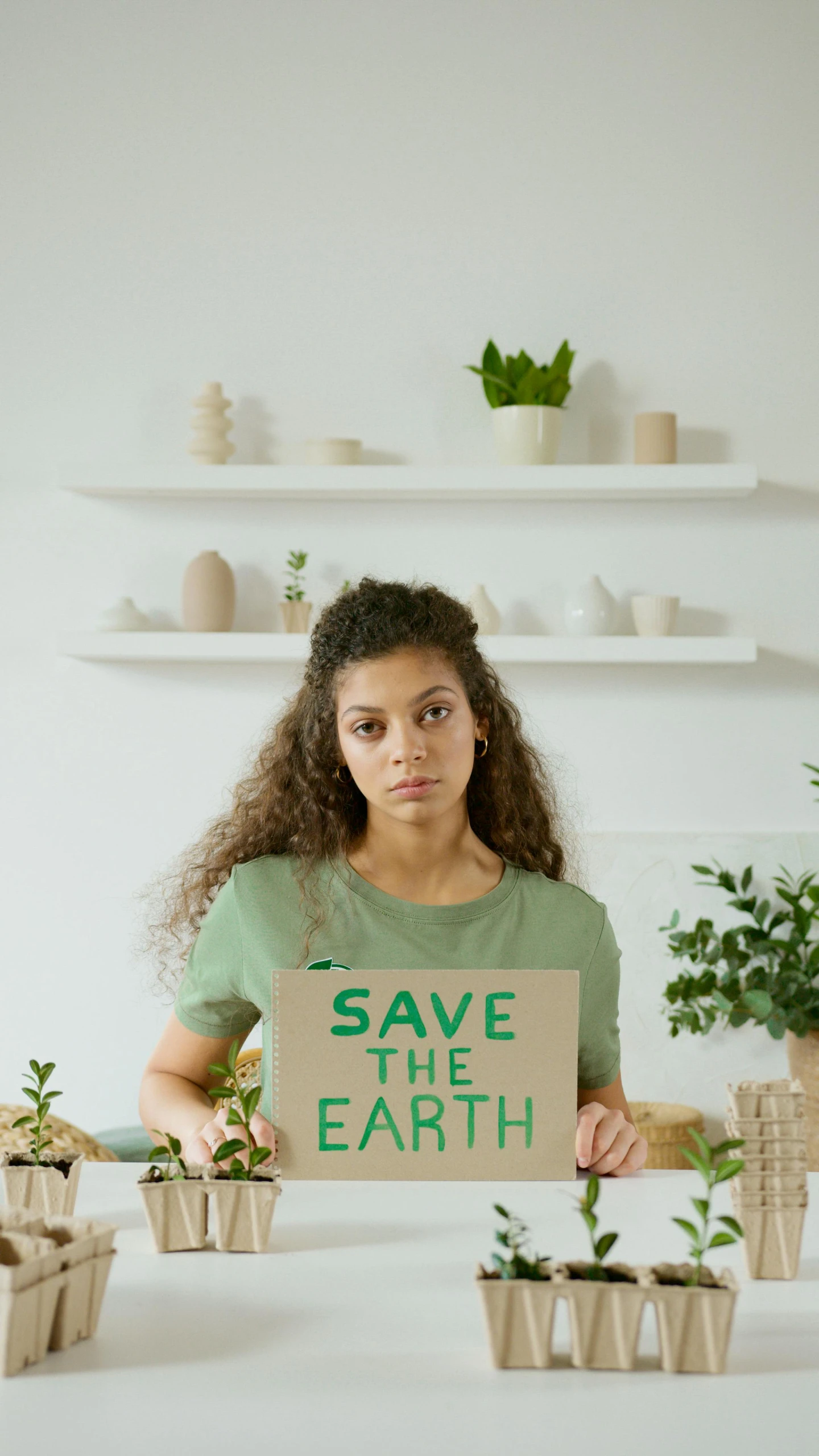 a woman holding a sign that says save the earth, shutterstock, renaissance, instagram post, green house, pokimane, press shot