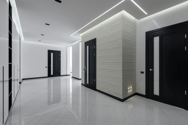 a long hallway with black and white doors, a 3D render, inspired by Bauhaus, pexels contest winner, light and space, led light strips, stone tile hallway, flat minimalistic, located in hajibektash complex