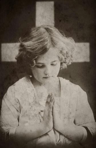 a woman praying in front of a cross, inspired by Nell Dorr, 1 9 2 0 s hairstyle, little girl, stippled, prayer hands