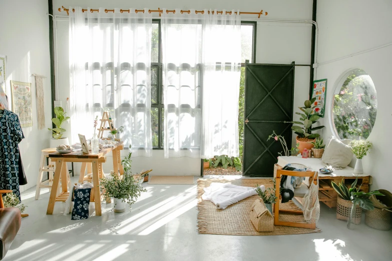 a living room filled with furniture and plants, by Liza Donnelly, trending on unsplash, light and space, photo of a classroom, ethereal curtain, studio floor, in a white boho style studio