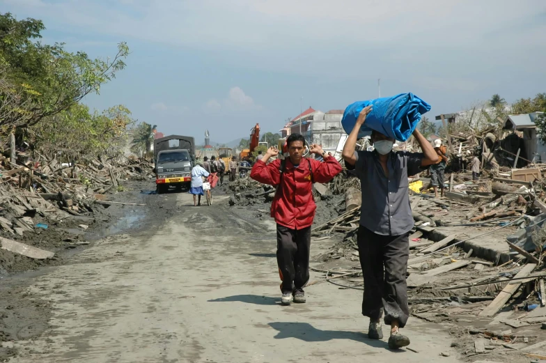 a couple of people walking down a dirt road, by Kogan Gengei, happening, mutiversal tsunami, debris spread, avatar image, thumbnail