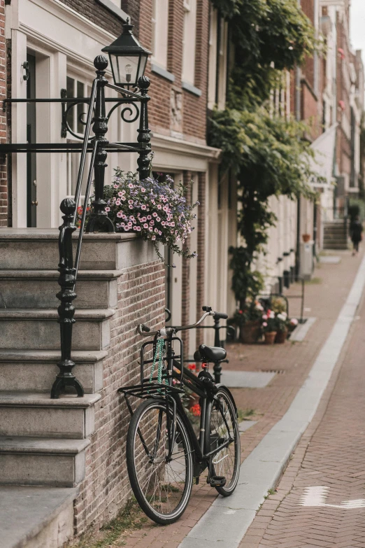 a bicycle parked on the side of a brick building, by Jan Tengnagel, pexels contest winner, view of houses in amsterdam, brown flowers, small steps leading down, background image
