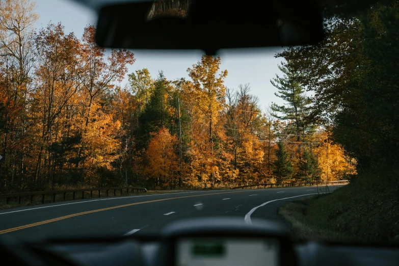 a view of a road through the windshield of a car, in fall, color ( sony a 7 r iv, thumbnail, van