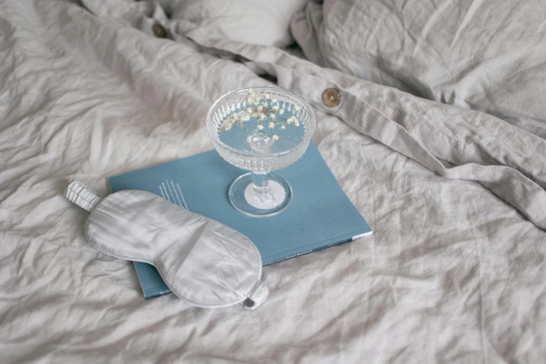 a book sitting on top of a bed next to a glass of water, face mask, pale cyan and grey fabric, silver accessories, product shot