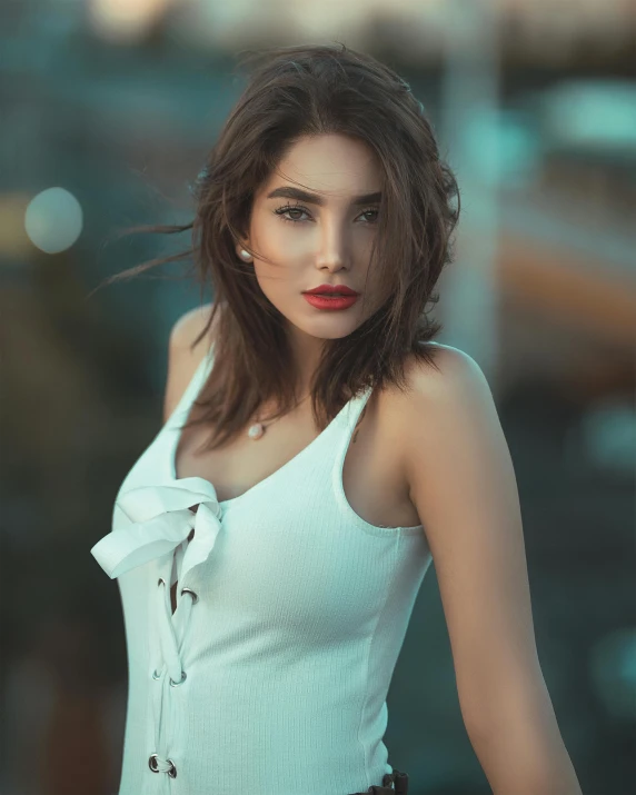 a woman in a white top posing for a picture, a colorized photo, inspired by Elsa Bleda, trending on pexels, sexy :8, beautiful iranian woman, cinematic luts, perfect face )