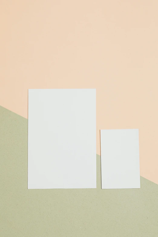 a couple of pieces of paper sitting on top of a table, postminimalism, pastel matte colors, various sizes, whole card, rectangle