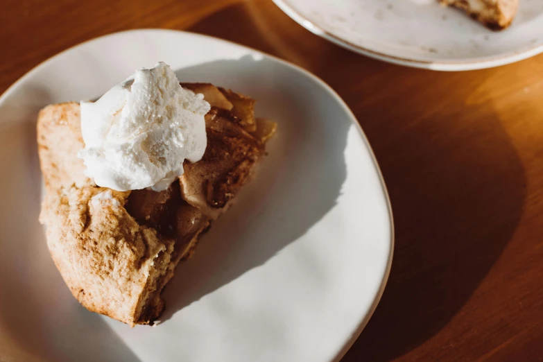 a piece of pie sitting on top of a white plate, trending on unsplash, renaissance, a wooden, background image, whipped cream, carson ellis