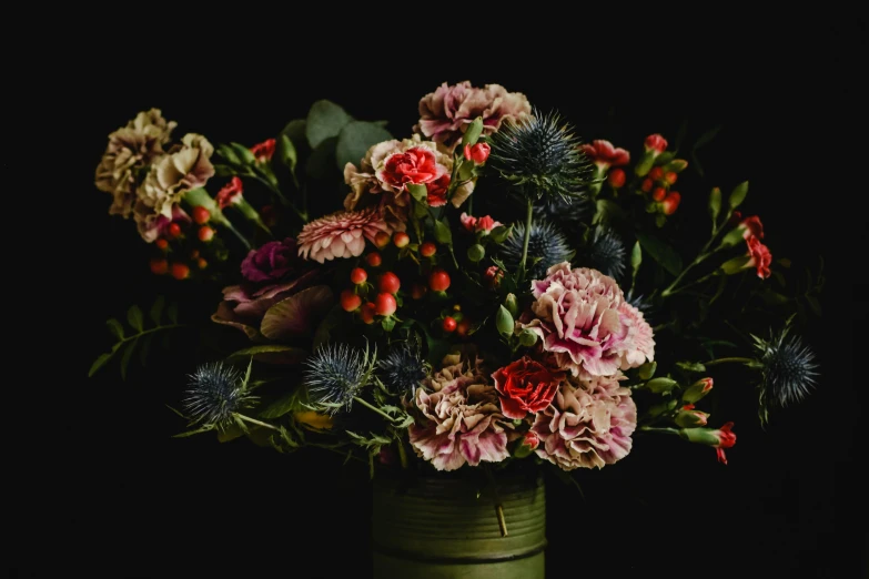 a vase filled with lots of flowers on top of a table, inspired by François Boquet, unsplash, baroque, dark muted colors, carnation, made of flowers and berries, richly textured